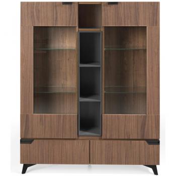 Vitrina doble Kalieto 120 cm con 2 puertas, 4 nichos y 2 cajones en madera marrón y antracita con patas de acero negro