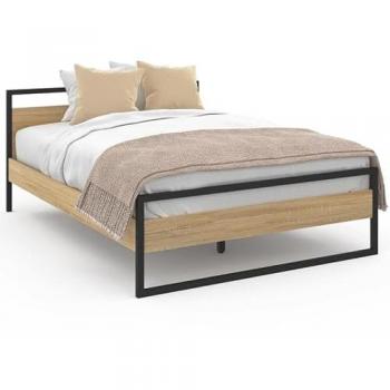 Cama doble Detroit 140x190 cm estilo industrial con somier efecto madera y metal negro
