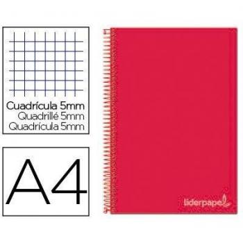 Cuaderno espiral liderpapel a4 micro jolly tapa forrada 140h 75gr cuadro 5mm 5 bandas 4 taladros color rojo.