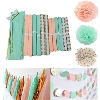 furuix 26pcs Peach menta lunares oro tejido Pom Pom flores bolas de tejido pelota pompón de papel Decoración de Fiesta Boda Party Favors papel guirnalda de papel de lunares, borla círculo guirnalda para bebé ducha cumpleaños boda decoración fiesta
