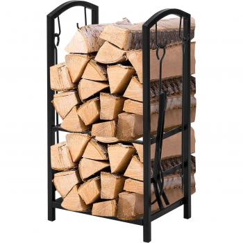 Rack de leña de 2 niveles SoBuy SDA01-SCH con 4 herramientas, color negro, dimensiones 75 x 30 x 46 cm