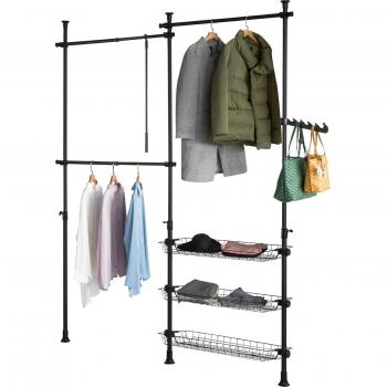Armario telescópico colgante SoBuy FRG34-SCH, perchero de ropa ajustable en altura de 200-270 cm, extensible con 3 barras y 3 cestas, color negro