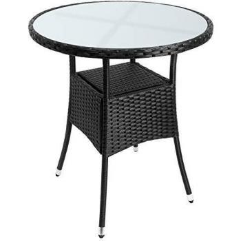 Mesa de jardín redonda de polirratán negro Ø60cm con cristal templado, resistente a la intemperie y capacidad de carga 80kg