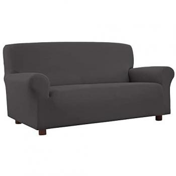 Funda de sofá elástica 2 plazas AURORA Gris WELLHOME, fabricada en poliéster y elastómeros, adaptable y extensible