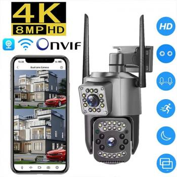 Cámara de vigilancia WiFi 4K 8MP con doble lente, PTZ, HD, 360°, protección de seguridad inteligente, visión nocturna, CCTV IP V380 Pro