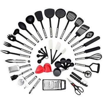 NEXGADGET Utensilios de Cocina de Acero Inoxidable y Nylon 42 Piezas Set de Cuchara, Espátula, Tenedor, Pinzas, Cucharón, Abrebotellas, Peladora de Papas, Tijeras de Cocina, Cucharas Medidoras, etc.
