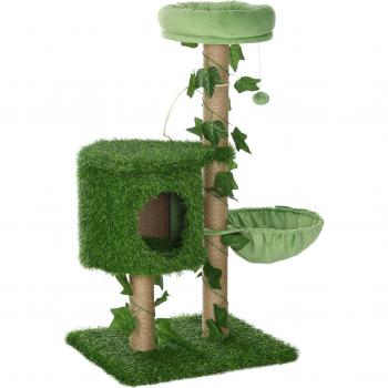 PawHut Árbol Rascador para Gatos 91 cm con Caseta Cama Hamaca Poste de Yute y Bola Colgante 50x40x91 cm Verde