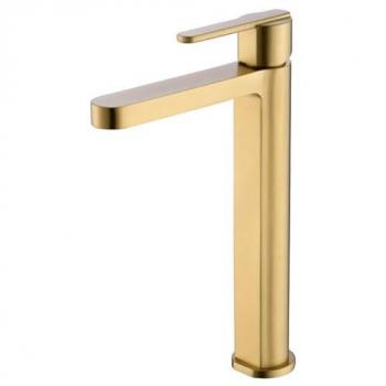 Grifo Monomando Caño Alto para Lavabo - Grifería de Baño Agua Fría/Caliente en Diferentes Colores (Oro Cepillado)