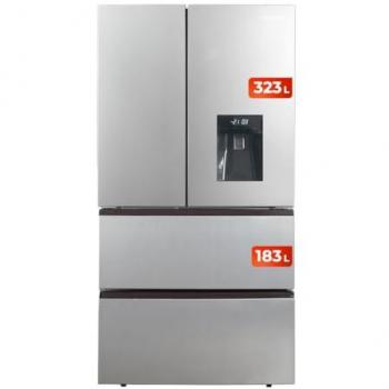 Frigorífico Combi Francés EVVO F80X Aqua 4 Puertas 183cm Total No Frost 506L Clase E Inox con Dispensador de Agua Fría y Motor Inverter