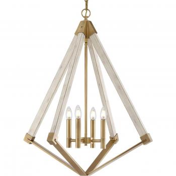 Lámpara de araña QUOIZEL View Point forma diamante Ø 61 cm con acabado de latón y 4 jaulas de luz, tipo E14