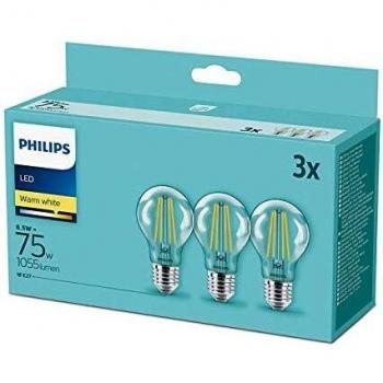Set de 3 lámparas LED Philips Goccia Filamento E27 8,5W Luz Cálida 2700K 1055lm