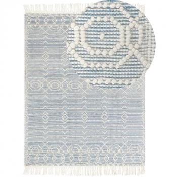 Alfombra Geométrica Azul y Blanca de Lana y Algodón 160 x 230 cm Tejida a Mano con Borlas