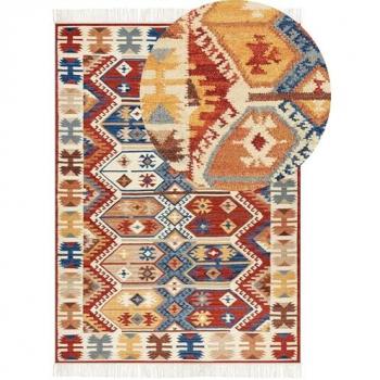 Alfombra Kilim de Lana Multicolor 200 x 300 cm Hecha a Mano con Borlas y Diseño Abstracto
