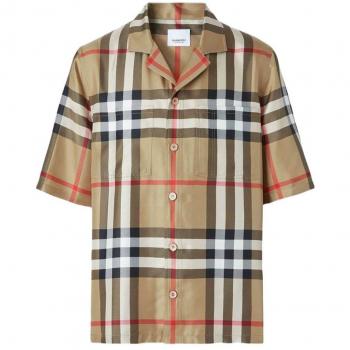 Burberry Men's Short Sleeve Silk Shirt - Beige, Size Large (8050279128090, Color A7028)