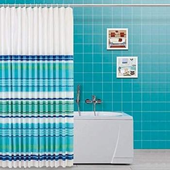 Cortina de Ducha 240x200cm en PEVA Blanca con Rayas Azules y Ganchos