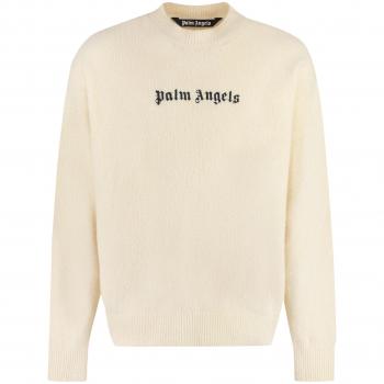 Palm Angels Men's Logo Crew-Neck Sweater in Panna | Size Small | PMHE054F23KNI0040110 Color WHITEBLACK