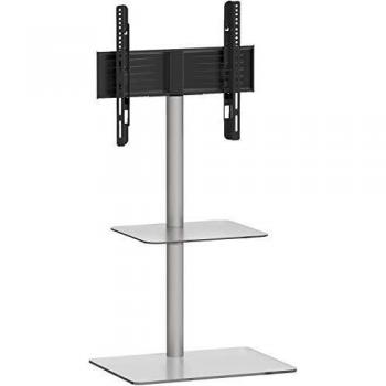 Soporte de TV Alani con Estante Intermedio de Aluminio y Cristal de Seguridad, Medidas 100x60x45 cm, Diseño Elegante en Plata y Cristal Transparente