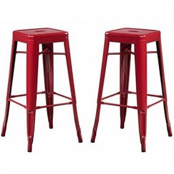 Pack de 2 Taburetes Altos (76 cm) Estilo Industrial para Comedor, Cocina y Bar - Color Rojo Burdeos