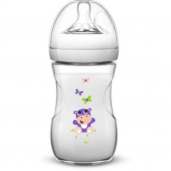 Biberón Natural Philips Avent 260 ml con diseño de Hipopótamo, Débito Lento, para bebés a partir de 1 mes