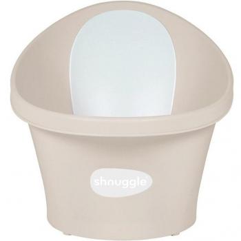 Shnuggle Baby Bath – Taupe, with Plug, designed for infants, features a compact size for easy storage, soft backrest for comfort, non-slip base for safety, and a plug for easy water drainage