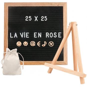 NouveLife – Pizarra de fieltro con letras, 25 x 25 cm, 290 números y letras blancas de 2 cm de altura, con soporte plegable y bolsa para las letras