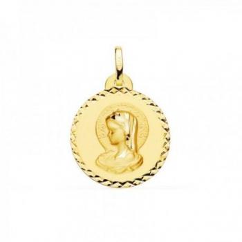 Medalla de la Virgen María en oro de 18k para Primera Comunión con colgante de 20 mm y líneas talladas en el borde