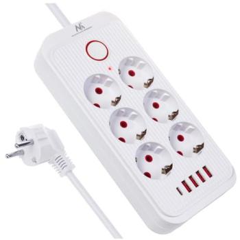 Regleta de Alimentación Maclean MCE389 - 6 Tomas + 4 Puertos USB (1xUSB-C) - 2500W - Cable de 1,5 m - Blanco