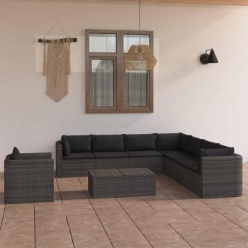 9-Piece Grey Poly Rattan Garden Lounge Set with Cushions