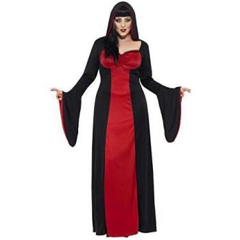 Disfraz de Vampiresa Siniestra para Mujer con Vestido Largo y Capucha en Rojo y Negro - Talla XXL