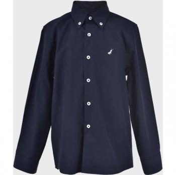 Camisa de niño azul marino de algodón con botones y cuello redondo