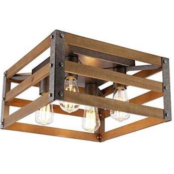 Plafoniera Vintage Khan de Madera y Metal Antiguo, 4 Luces, 40x40cm