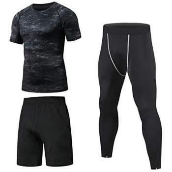 Niksa 3 Piezas Conjunto de Compresion Hombre, Camisetas Compression Mallas Running Pantalon Corto Deporte Ropa Deportiva Hombre para Running Correr Gym Fitness