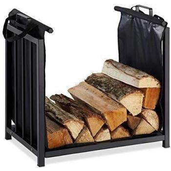 Leñero Interior Moderno con Bolsa de Transporte, Metálico, Almacenaje para Chimenea, Acero Negro 50 x 51 x 37 cm