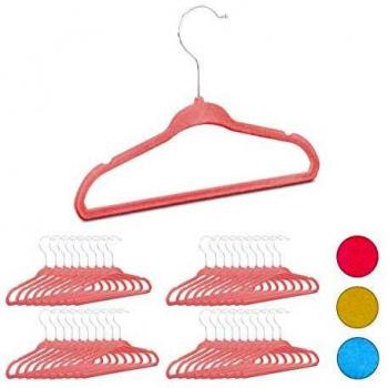 Set de 40 Perchas Infantiles Antideslizantes de Plástico y Terciopelo Rosa con Ganchos Giratorios - Relaxdays