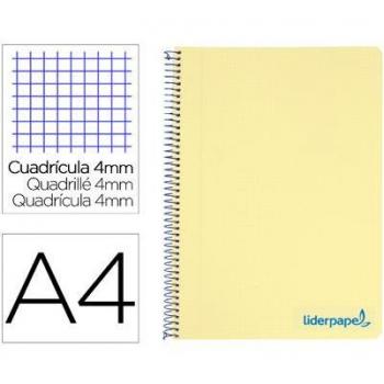 Cuaderno espiral liderpapel A4 Wonder con tapa de plástico, 80 hojas de papel de 90g, cuadrícula de 4mm con margen en color amarillo