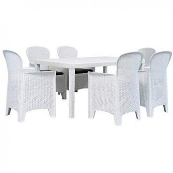 7-Piece Outdoor Dining Set - White Plastic Rattan Look