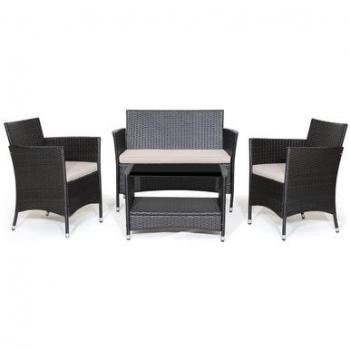 4-Piece Wicker Patio Conversation Set with Soft Beige Cushions & Tempered Glass Tabletop