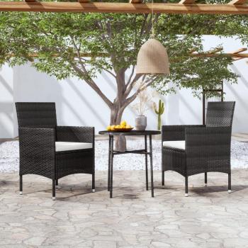 3-Piece Black Poly Rattan Garden Dining Set with Round Table and 2 Chairs