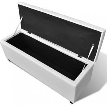 vidaXL Banco Baúl Acolchado Madera Tela PVC Blanco Banquito Cofre de Pasillo