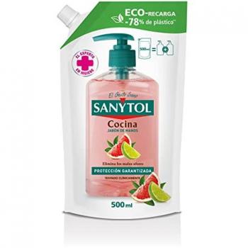 Sanytol Recambio Jabón Antibacteriano de Cocina Eco 500 ml, Aroma Pomelo y Limón, Elimina los Malos Olores, Protección Total Contra Agentes Externos, Envase de Alta Resistencia