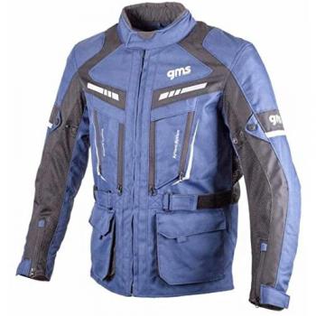 Chaqueta textil para motocicleta GMS Track Light Azul-Negro características: diseño ligero, material resistente al desgaste, forro interior transpirable, protección en codos y hombros, ajuste en cintura y mangas, reflectantes para mayor visibilidad