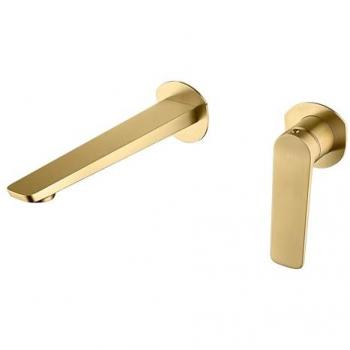 Grifo Empotrado Monomando de Lavabo Oro Cepillado - Grifería de Baño para Lavamanos con Montaje a la Pared