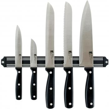Bergner Q0621 Set de 5 Cuchillos con Barra magnética, Acero Inoxidable, Negro