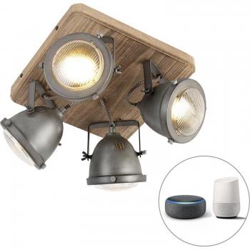 Lámpara de techo industrial de acero y madera con 4 bombillas inteligentes WiFi GU10 - EMADO