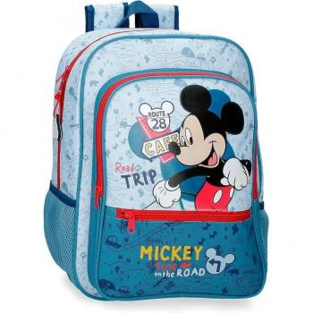 Disney Niños Mochila Escolar Mickey Road Trip 38cm Azul con Bolsillo Frontal Poliéster