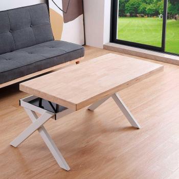 Mesa de Centro Elevable Xena con Tapa Recta y Hueco de Almacenaje en Roble Nordish/Blanco, Dimensiones 47-62 x 120 x 60-66 cm