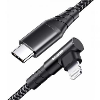 ESR Cable USB C a Lightning 90 Grados Cable Codo [1M MFi Certificado] Nylon Trenzado Carga Rápida PD para iPhone 12/12 Pro/12 Mini/12 Pro Max/SE 2020/11/11 Pro/11 Pro MAX/XS/XS Max/XR/X, iPad 8, Negro