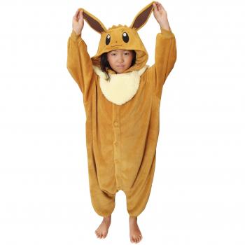 Pokémon Eevee Kigurumi for Kids - Soft and cozy fleece material, oversized design for comfort, features a hood with Eevee's face and ears, front zipper closure, suitable for children ages 4-12, perfect for sleepovers or