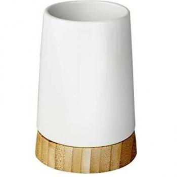 Vaso Portabrochas de Dientes en Bambú y Cerámica Bamboo - Blanco - Ø 8 x 11,6 cm