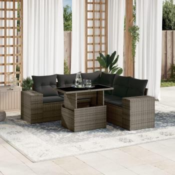 6-Piece Grey Poly Rattan Garden Sofa Set with Cushions